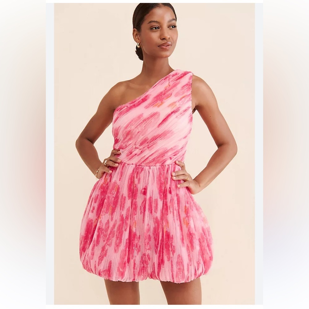 Hutch One-Shoulder Pink Patterned Bubble Hem Romper